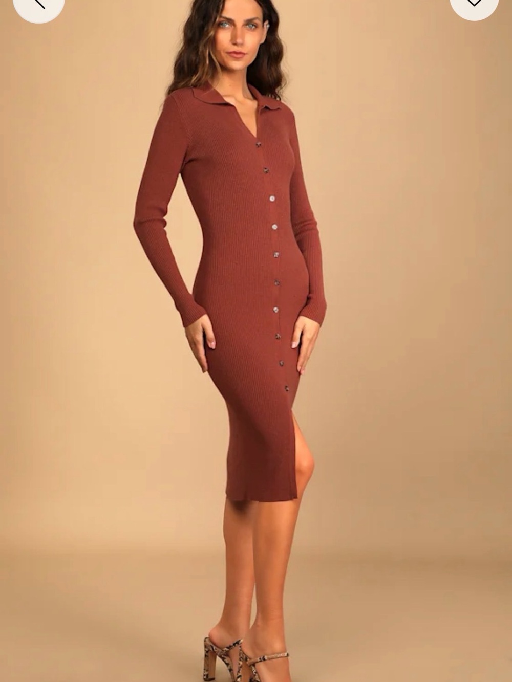 Lulu's Rust Ribbed Button-Front Midi Dress
